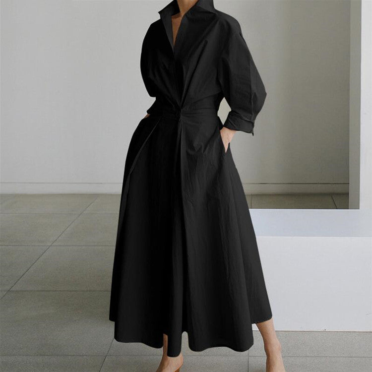 🔥Solange der Vorrat reicht 40 % Rabatt!🎉Einfarbiges Hemdkleid mit Revers aus Baumwolle für Damen