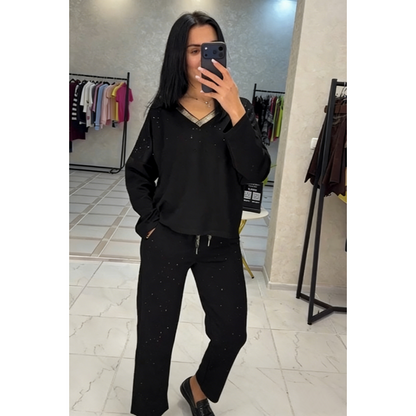 🔥Solange der Vorrat reicht 40 % Rabatt!🎉Damen-Set aus Oberteil mit V-Ausschnitt und Kordelhose