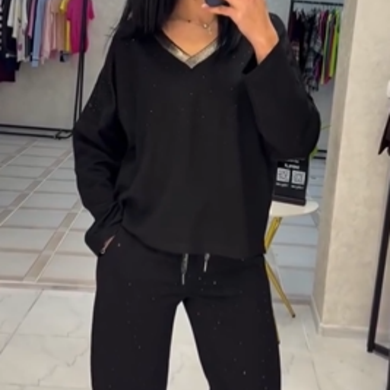 🔥Solange der Vorrat reicht 40 % Rabatt!🎉Damen-Set aus Oberteil mit V-Ausschnitt und Kordelhose