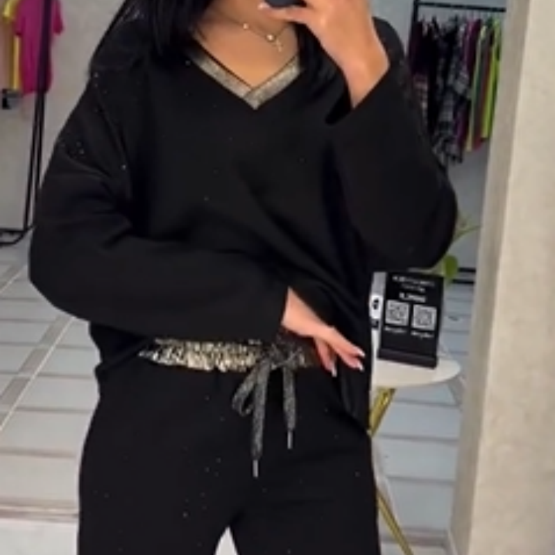 🔥Solange der Vorrat reicht 40 % Rabatt!🎉Damen-Set aus Oberteil mit V-Ausschnitt und Kordelhose