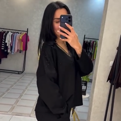 🔥Solange der Vorrat reicht 40 % Rabatt!🎉Damen-Set aus Oberteil mit V-Ausschnitt und Kordelhose