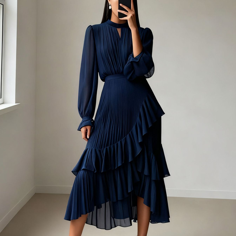🔥Solange der Vorrat reicht 40 % Rabatt!🎉Damen Plissee-Midikleid mit Volants und Schlüsselloch-Ausschnitt
