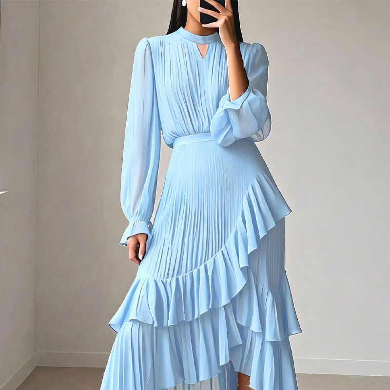 🔥Solange der Vorrat reicht 40 % Rabatt!🎉Damen Plissee-Midikleid mit Volants und Schlüsselloch-Ausschnitt
