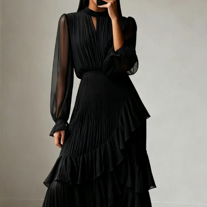 🔥Solange der Vorrat reicht 40 % Rabatt!🎉Damen Plissee-Midikleid mit Volants und Schlüsselloch-Ausschnitt