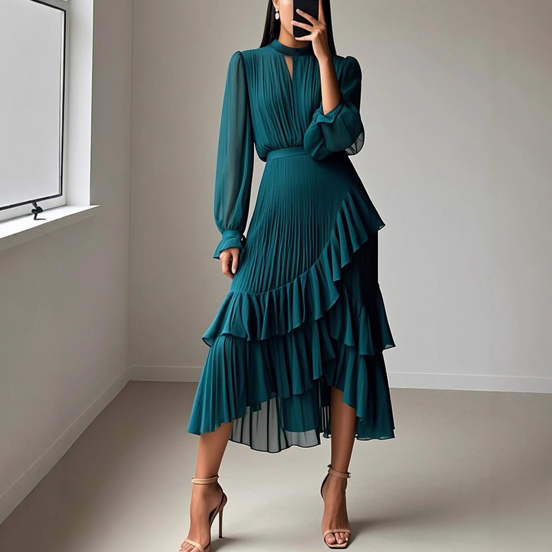 🔥Solange der Vorrat reicht 40 % Rabatt!🎉Damen Plissee-Midikleid mit Volants und Schlüsselloch-Ausschnitt