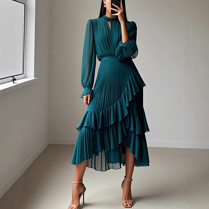 🔥Solange der Vorrat reicht 40 % Rabatt!🎉Damen Plissee-Midikleid mit Volants und Schlüsselloch-Ausschnitt