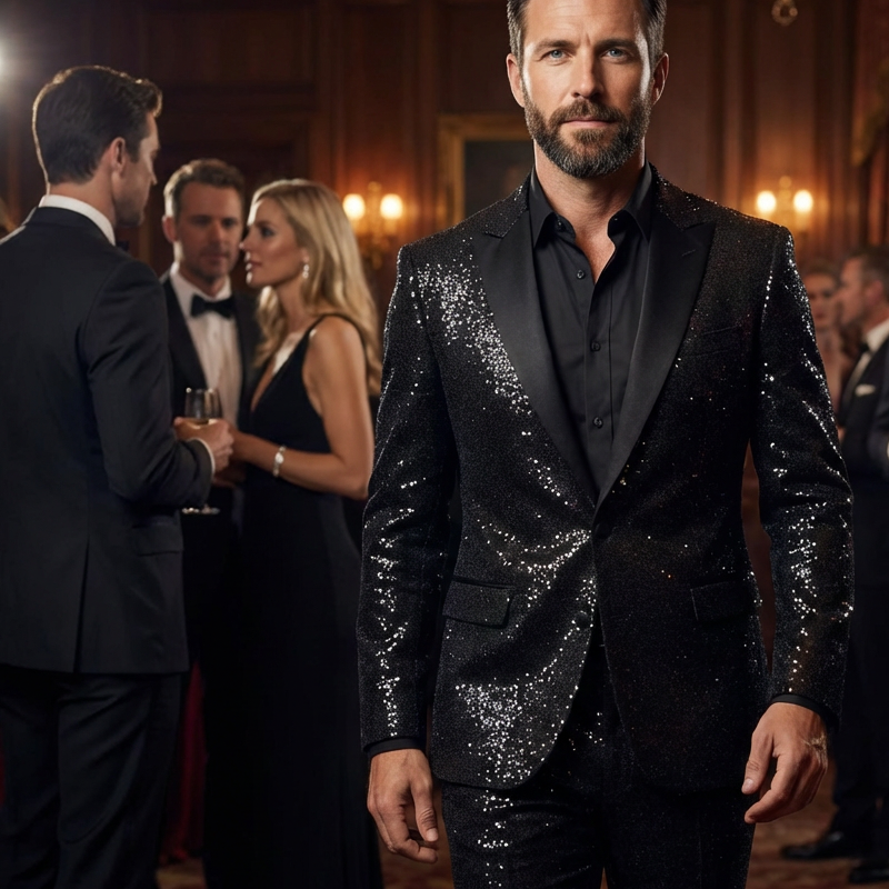 Herren Smoking-Anzug in Schwarz mit Glitzer