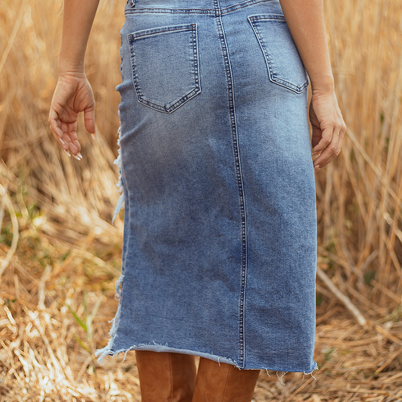 🔥Solange der Vorrat reicht 40 % Rabatt!🎉Damen-Hochbund-Ripped-Denim-Midi-Rock