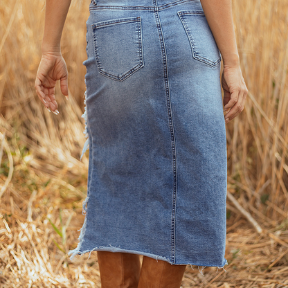 🔥Solange der Vorrat reicht 40 % Rabatt!🎉Damen-Hochbund-Ripped-Denim-Midi-Rock