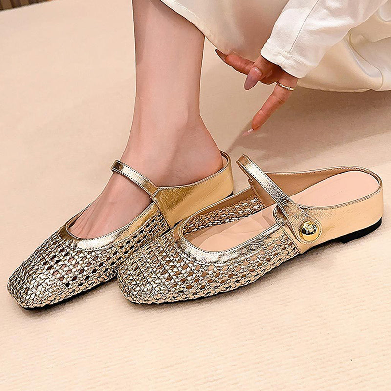 👡☁️ Leichte Damen-Mules aus gewebtem Material mit eckiger Spitze & Mary-Jane-Verschluss ✨👗 – Bequem für den Alltag, 50 % Rabatt!