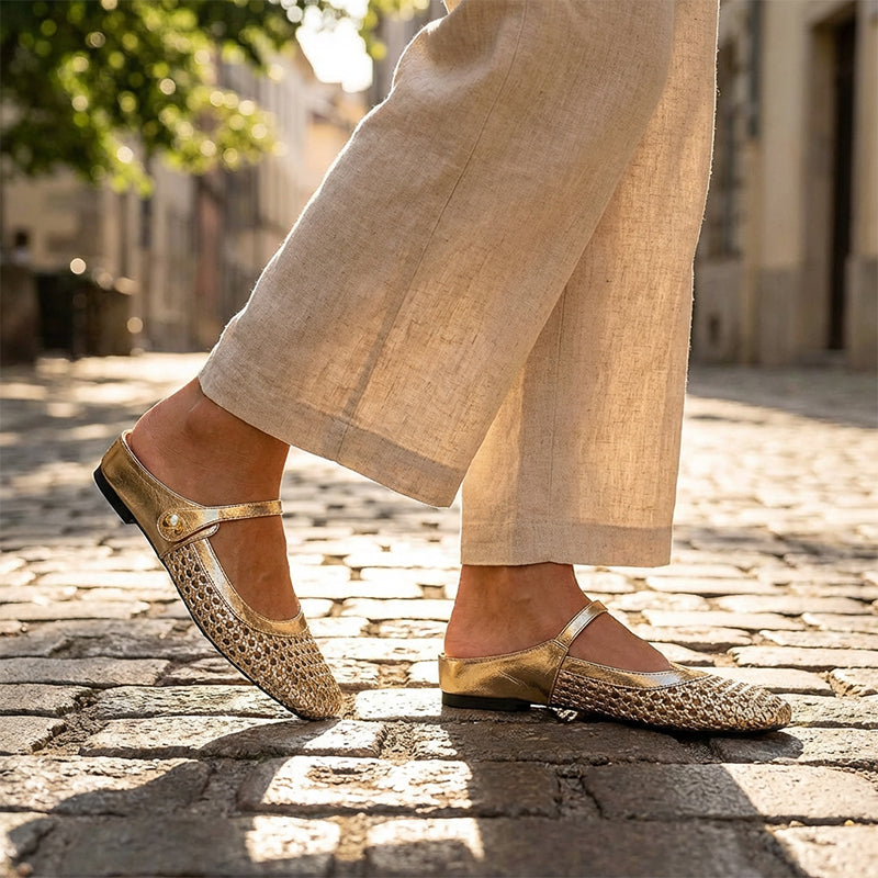 👡☁️ Leichte Damen-Mules aus gewebtem Material mit eckiger Spitze & Mary-Jane-Verschluss ✨👗 – Bequem für den Alltag, 50 % Rabatt!