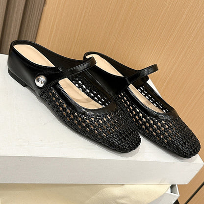 👡☁️ Leichte Damen-Mules aus gewebtem Material mit eckiger Spitze & Mary-Jane-Verschluss ✨👗 – Bequem für den Alltag, 50 % Rabatt!