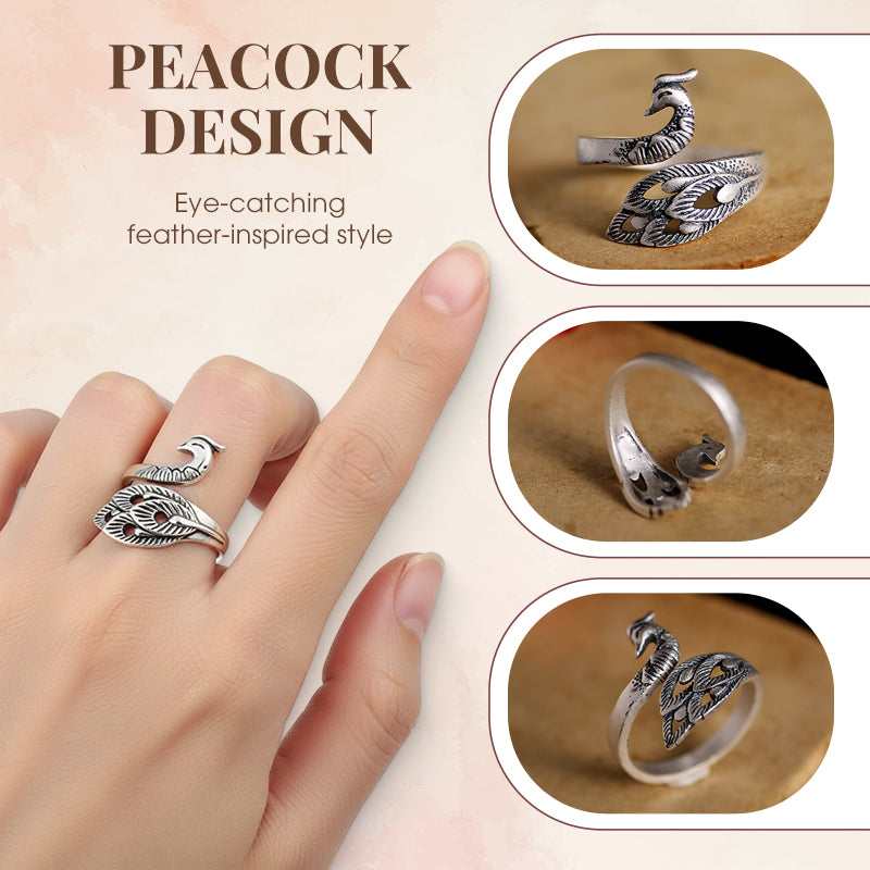 🦚 Offener Damenring mit Pfauenmotiv – Vintage-Design in Silberoptik