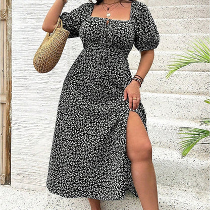 💖LETZTER TAG IM ANGEBOT: 50 % RABATT💐Kurzärmeliges Kleid mit Schlitz und Blumenmuster