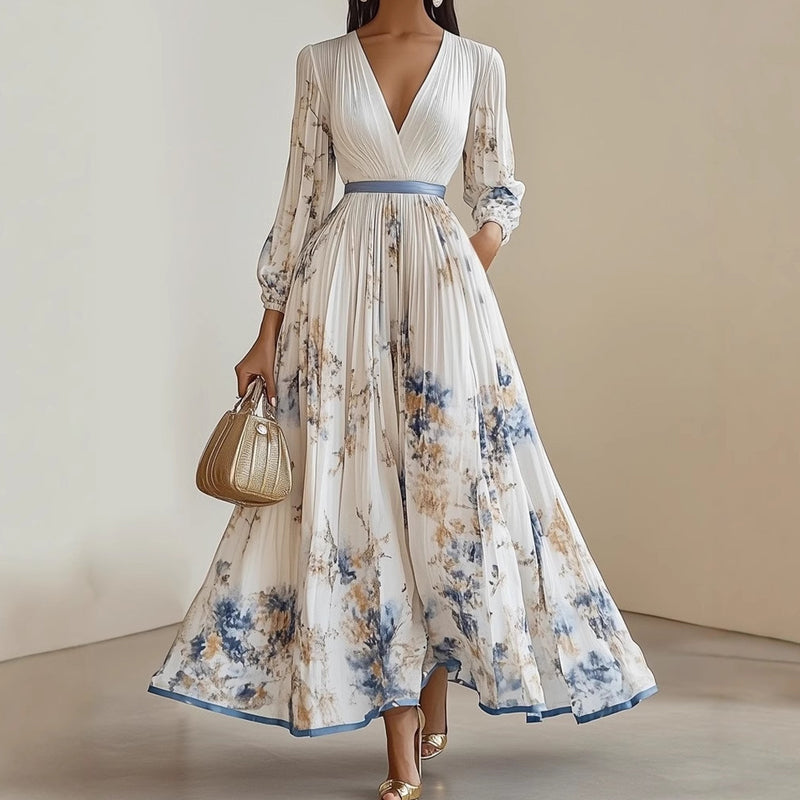 🌞Frühlingserwachen: 50% Rabatt!✨ Elegantes Hellblau Floral Maxikleid – V-Ausschnitt, Plissee & Hohe Taille für Fest & Urlaub