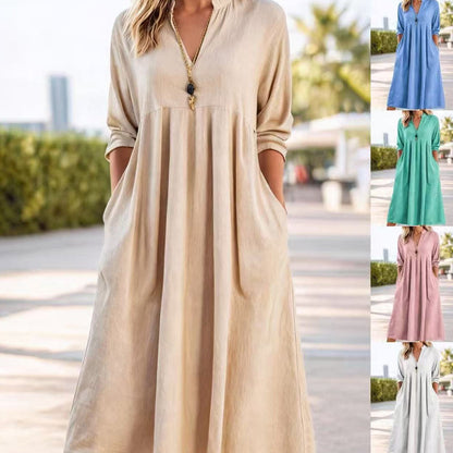🔥Solange der Vorrat reicht 40 % Rabatt!🎉Damen Freizeit V-Ausschnitt Midi Kleid mit Taschen💞