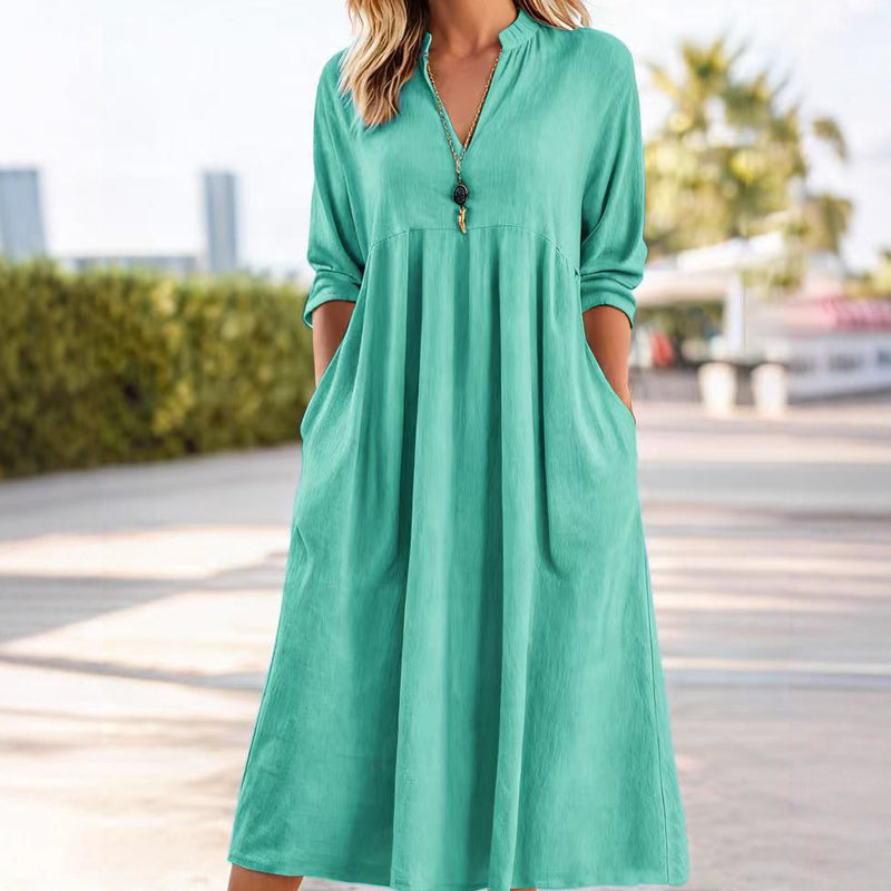 🔥Solange der Vorrat reicht 40 % Rabatt!🎉Damen Freizeit V-Ausschnitt Midi Kleid mit Taschen💞