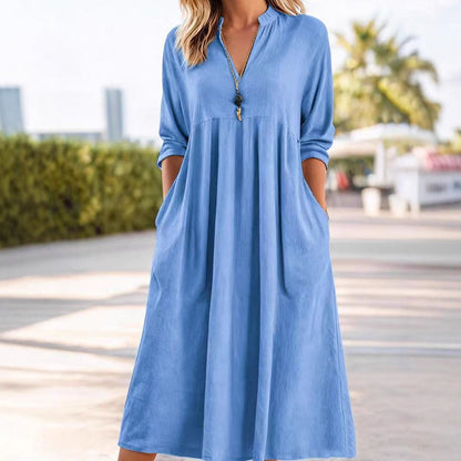 🔥Solange der Vorrat reicht 40 % Rabatt!🎉Damen Freizeit V-Ausschnitt Midi Kleid mit Taschen💞