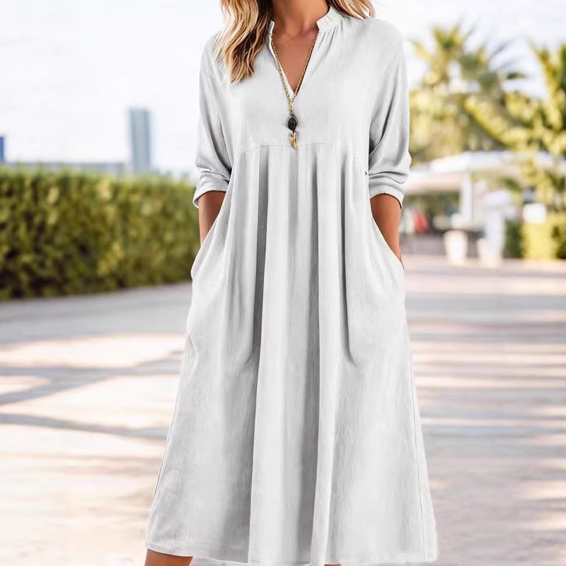 🔥Solange der Vorrat reicht 40 % Rabatt!🎉Damen Freizeit V-Ausschnitt Midi Kleid mit Taschen💞