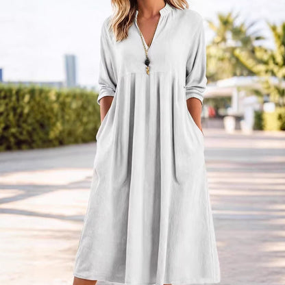 🔥Solange der Vorrat reicht 40 % Rabatt!🎉Damen Freizeit V-Ausschnitt Midi Kleid mit Taschen💞