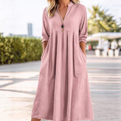 🔥Solange der Vorrat reicht 40 % Rabatt!🎉Damen Freizeit V-Ausschnitt Midi Kleid mit Taschen💞