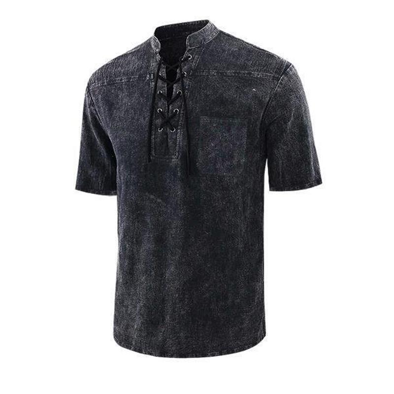 🔥Solange der Vorrat reicht 40 % Rabatt!🎉Männer Gothic Retro T-Shirt Spitze-up V-ausschnitt Leinen Tasche Kurzarm T-shirt Lose Tops