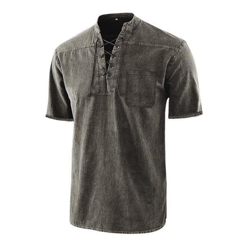 🔥Solange der Vorrat reicht 40 % Rabatt!🎉Männer Gothic Retro T-Shirt Spitze-up V-ausschnitt Leinen Tasche Kurzarm T-shirt Lose Tops