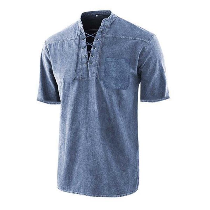 🔥Solange der Vorrat reicht 40 % Rabatt!🎉Männer Gothic Retro T-Shirt Spitze-up V-ausschnitt Leinen Tasche Kurzarm T-shirt Lose Tops