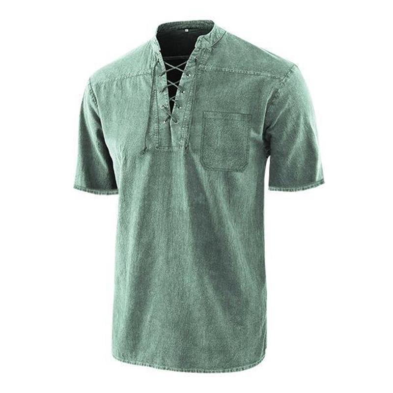 🔥Solange der Vorrat reicht 40 % Rabatt!🎉Männer Gothic Retro T-Shirt Spitze-up V-ausschnitt Leinen Tasche Kurzarm T-shirt Lose Tops