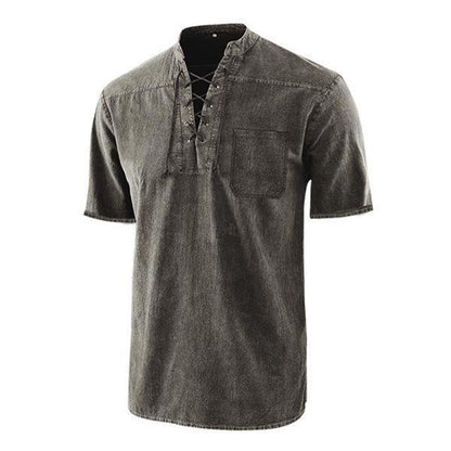 🔥Solange der Vorrat reicht 40 % Rabatt!🎉Männer Gothic Retro T-Shirt Spitze-up V-ausschnitt Leinen Tasche Kurzarm T-shirt Lose Tops