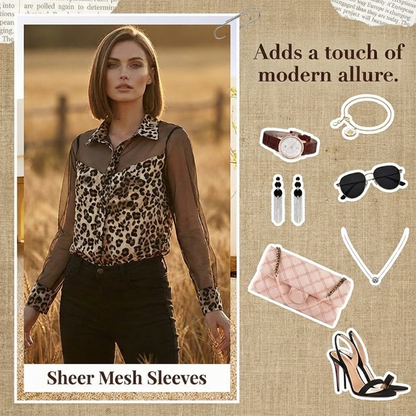 💎 50% RABATT! 💎 Damenbluse mit Leopardenmuster & Kontrast-Mesh – Langarm, Figurbetont & Perfekt für Büro bis Abendoutfit