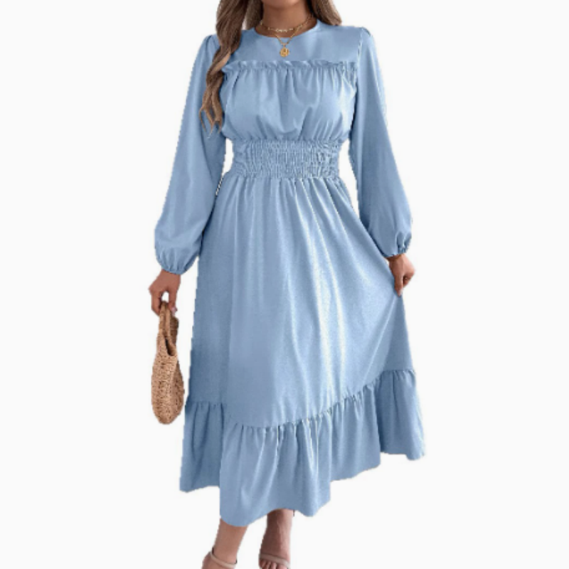 👗Neuheiten 40 % Rabatt!🥰 Damen-Maxikleid mit langen Ärmeln, Smokarbeit und Rüschen