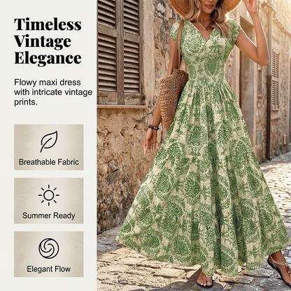 🔥Solange der Vorrat reicht 40 % Rabatt!🎉Damen Maxikleid mit V-Ausschnitt, Blumenmuster und geraffter Taille