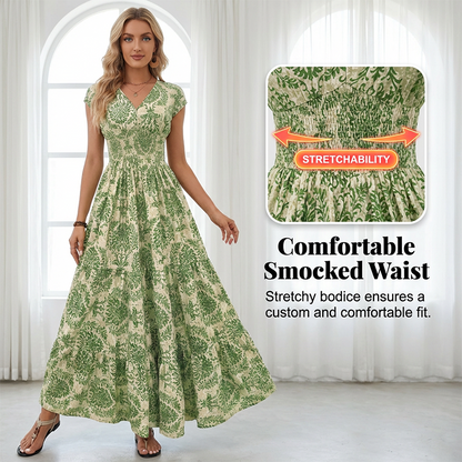 🔥Solange der Vorrat reicht 40 % Rabatt!🎉Damen Maxikleid mit V-Ausschnitt, Blumenmuster und geraffter Taille