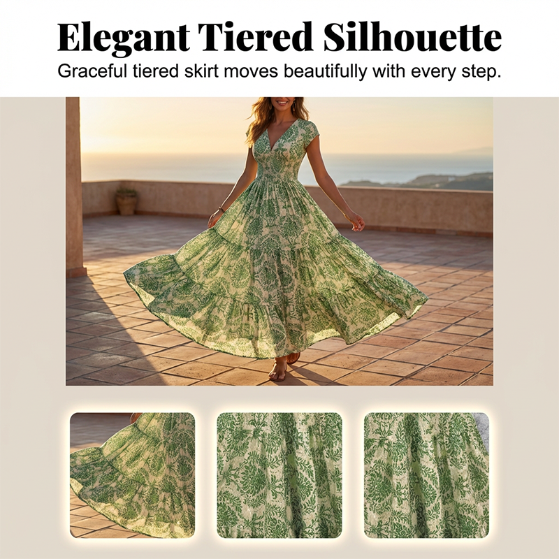 🔥Solange der Vorrat reicht 40 % Rabatt!🎉Damen Maxikleid mit V-Ausschnitt, Blumenmuster und geraffter Taille
