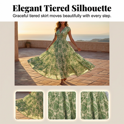 🔥Solange der Vorrat reicht 40 % Rabatt!🎉Damen Maxikleid mit V-Ausschnitt, Blumenmuster und geraffter Taille