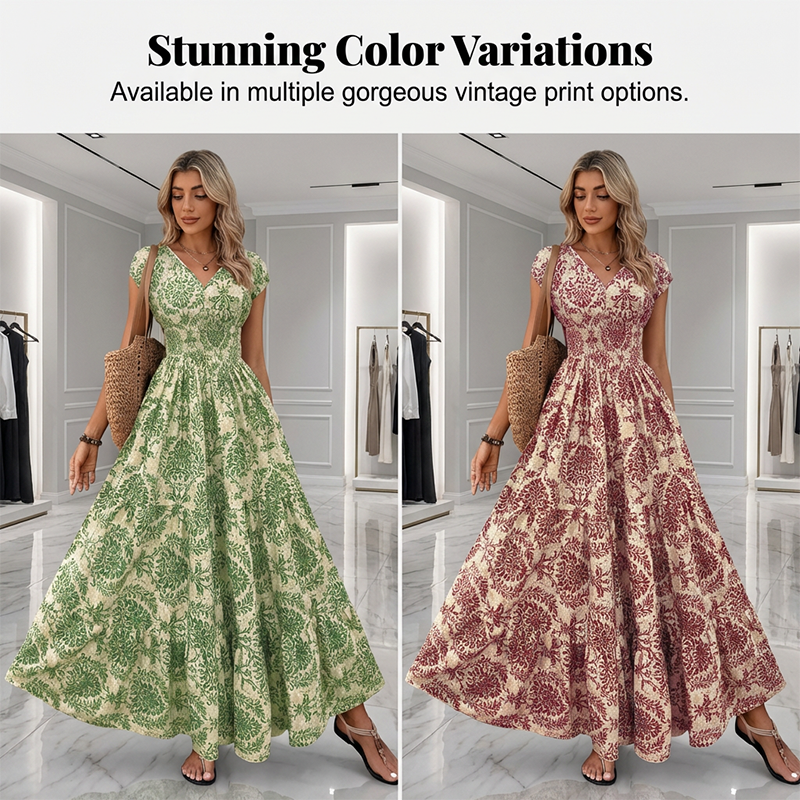 🔥Solange der Vorrat reicht 40 % Rabatt!🎉Damen Maxikleid mit V-Ausschnitt, Blumenmuster und geraffter Taille