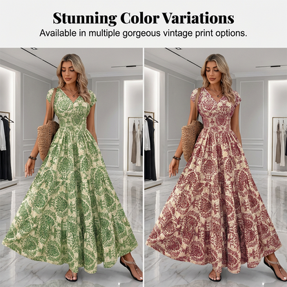 🔥Solange der Vorrat reicht 40 % Rabatt!🎉Damen Maxikleid mit V-Ausschnitt, Blumenmuster und geraffter Taille