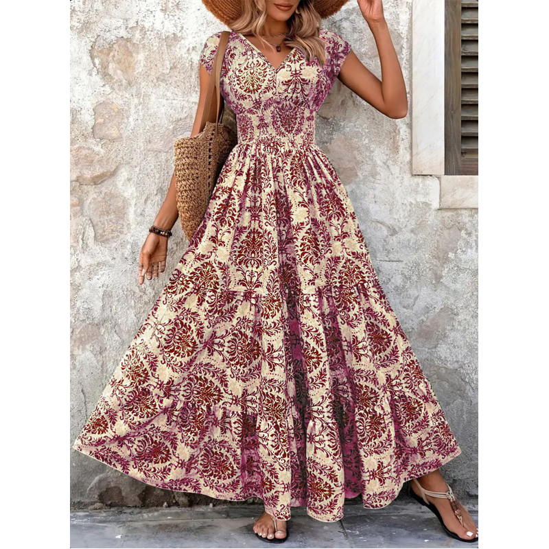 🔥Solange der Vorrat reicht 40 % Rabatt!🎉Damen Maxikleid mit V-Ausschnitt, Blumenmuster und geraffter Taille
