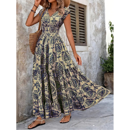 🔥Solange der Vorrat reicht 40 % Rabatt!🎉Damen Maxikleid mit V-Ausschnitt, Blumenmuster und geraffter Taille