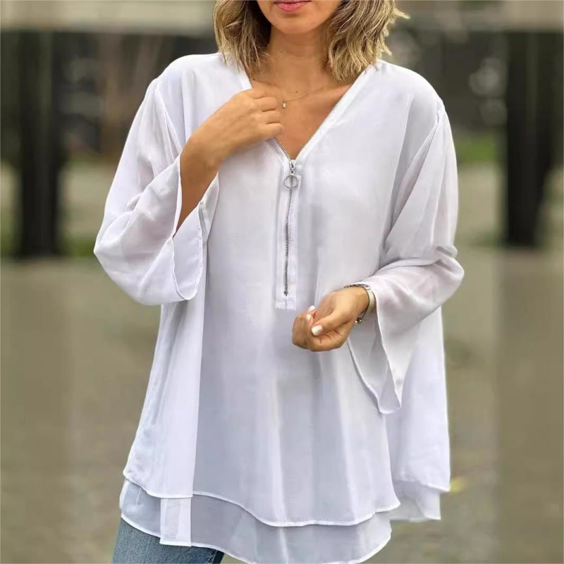 🌞Frühlingserwachen: 58% Rabatt!✨Damen Doppelschichtiges 3/4-Ärmel Top – V-Ausschnitt mit verstellbarem Metallreißverschluss