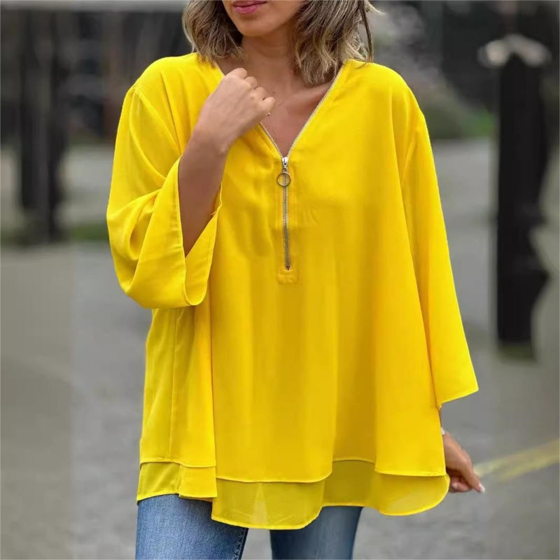 🌞Frühlingserwachen: 58% Rabatt!✨Damen Doppelschichtiges 3/4-Ärmel Top – V-Ausschnitt mit verstellbarem Metallreißverschluss