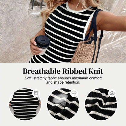 🔥Solange der Vorrat reicht 40 % Rabatt!🎉Ärmelloses, gestreiftes Rippstrickkleid