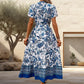 🔥Solange der Vorrat reicht 40 % Rabatt!🎉Blaues langes Kleid mit Blumendruck und V-Ausschnitt und Gürtel