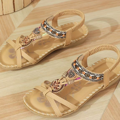 🔥Solange der Vorrat reicht 40 % Rabatt!🎉Flache Sandalen für Damen im Bohemian-Stil mit Perlenverzierung