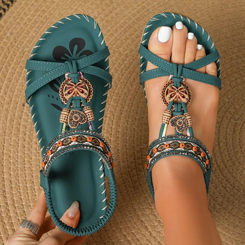 🔥Solange der Vorrat reicht 40 % Rabatt!🎉Flache Sandalen für Damen im Bohemian-Stil mit Perlenverzierung