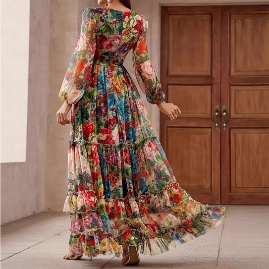 ⏳Nur für kurze Zeit: 50 % Rabatt⏰Romantisches Blumenkleid mit V-Ausschnitt und Laternenärmeln👗