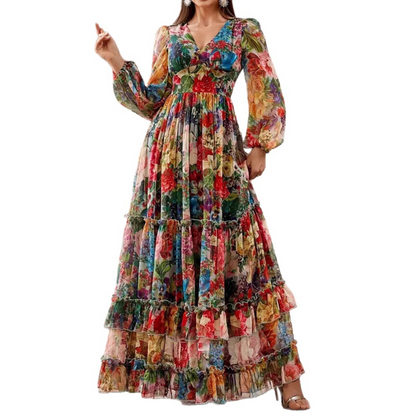 ⏳Nur für kurze Zeit: 50 % Rabatt⏰Romantisches Blumenkleid mit V-Ausschnitt und Laternenärmeln👗