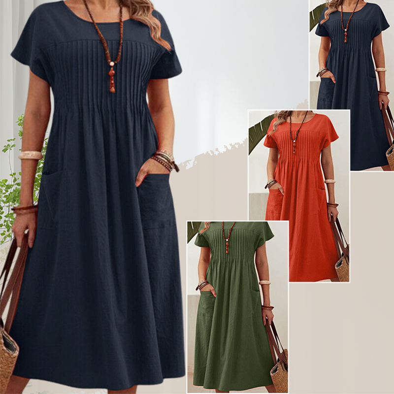👗Faltenkleid für Damen mit kurzen Ärmeln und Taschen💃