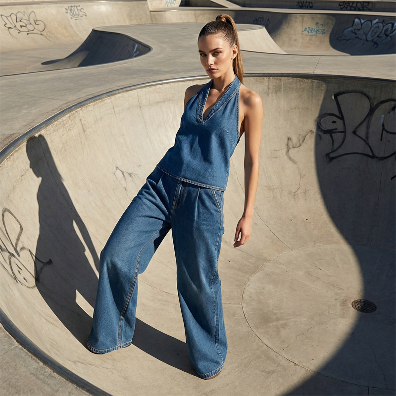 🔥Solange der Vorrat reicht 40 % Rabatt!🎉Lässiges Set aus Neckholder-Oberteil und Hose mit weitem Bein für Damen